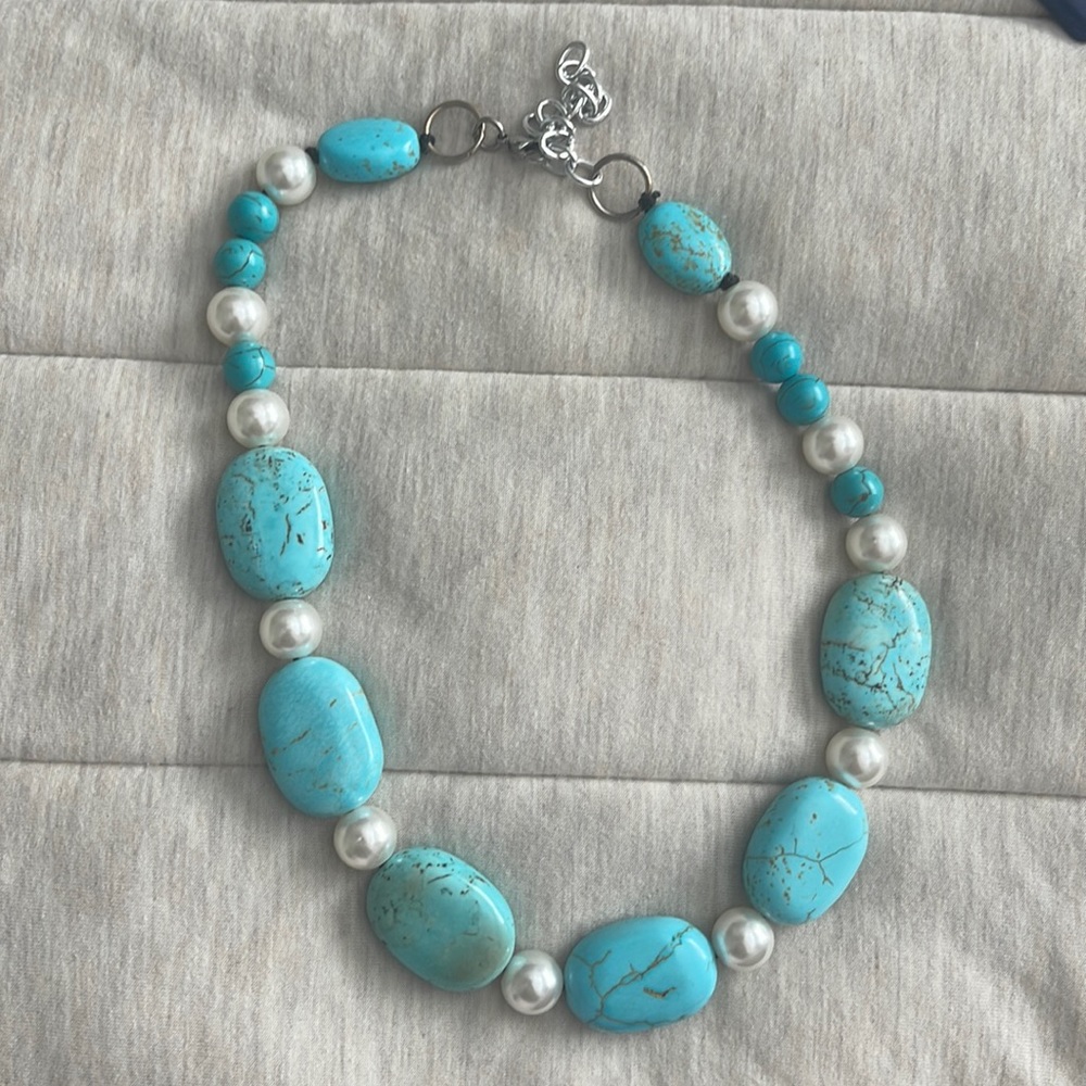 Viktoria Hayman Turquoise and Faux Pearl Necklace